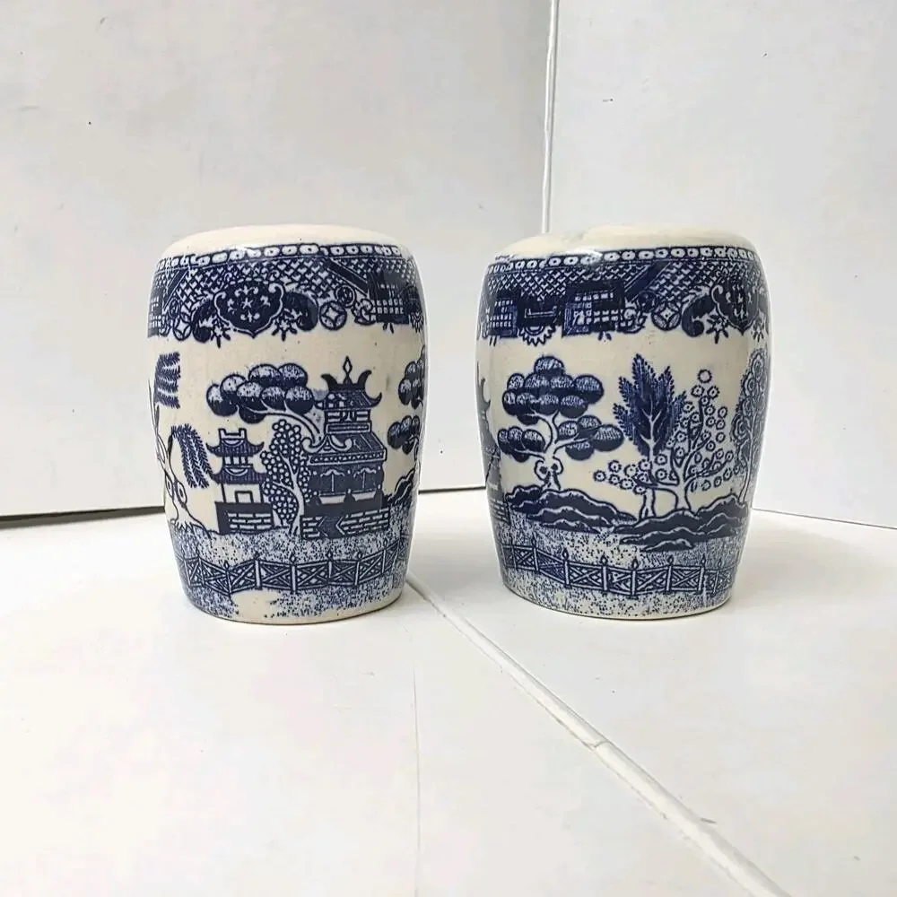 Vintage Blue Willow Salt and Pepper Shaker Set Odd Barrel Shape, Japan